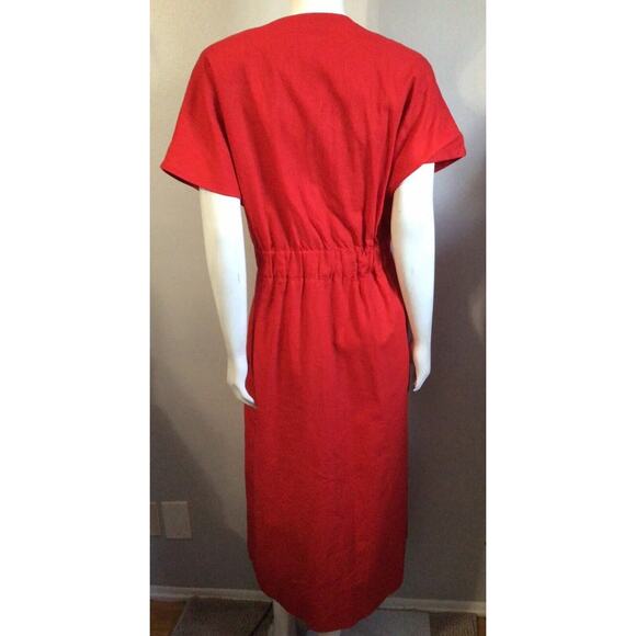 Vintage 80s Midi Long Red Pleated Skirt Linen Dress Secretary 14 16 Rockabilly - Picture 2 of 12